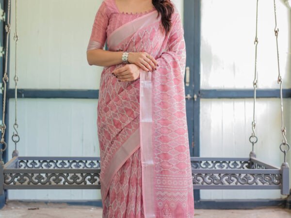 Elegant Rose Pink Pure Cotton Linen Saree with White Thread Work, Matching Blouse, and Tassel Edges | Crown Fashion