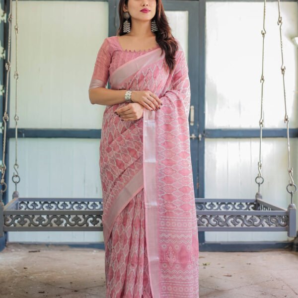 Elegant Rose Pink Pure Cotton Linen Saree with White Thread Work, Matching Blouse, and Tassel Edges | Crown Fashion