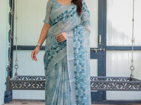 Light Blue Pure Cotton Linen Saree with Geometric and Floral Patterns, Blouse, and Tassels | Crown Fashion