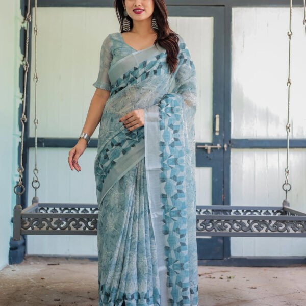Light Blue Pure Cotton Linen Saree with Geometric and Floral Patterns, Blouse, and Tassels | Crown Fashion