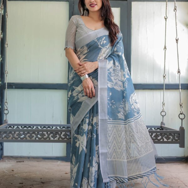 Pastel Blue Floral and Geometric Printed Cotton Linen Saree with Blouse and Tassel Edges | crown fashion
