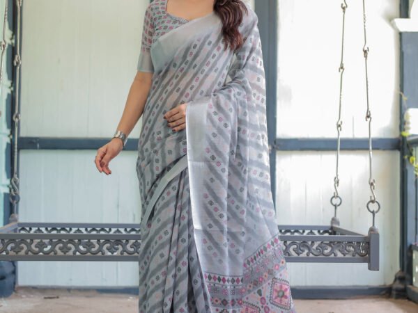 Grey Pastel Geometric & Floral Print Pure Cotton Linen Saree with Blouse and Tassels | Crown Fashion