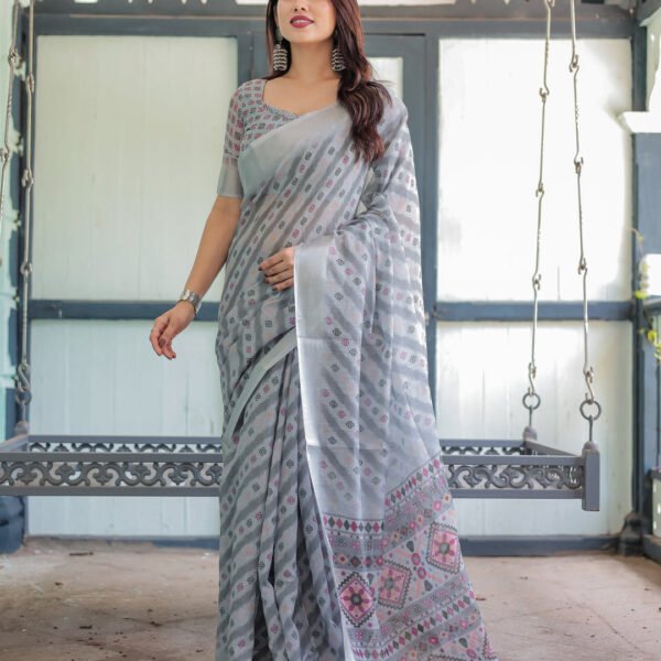 Grey Pastel Geometric & Floral Print Pure Cotton Linen Saree with Blouse and Tassels | Crown Fashion