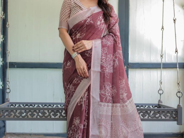 Maroon Floral Printed Pure Cotton Linen Saree with Blouse and Tassels | Crown Fashion