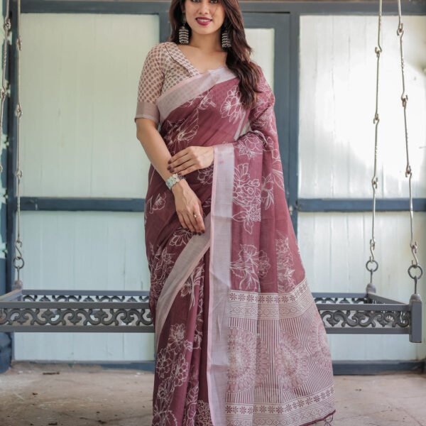 Maroon Floral Printed Pure Cotton Linen Saree with Blouse and Tassels | Crown Fashion