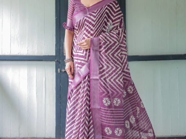 Purple and White Zigzag Patterned Pure Cotton Linen Saree with Blouse and Tassel Edges | Crown Fashion