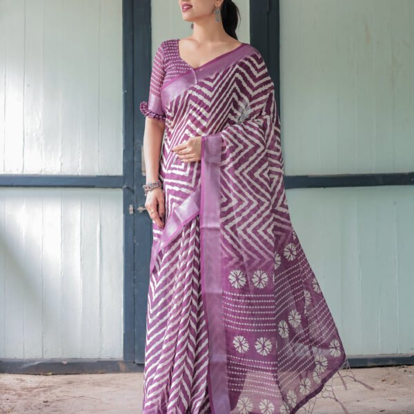 Purple and White Zigzag Patterned Pure Cotton Linen Saree with Blouse and Tassel Edges | Crown Fashion