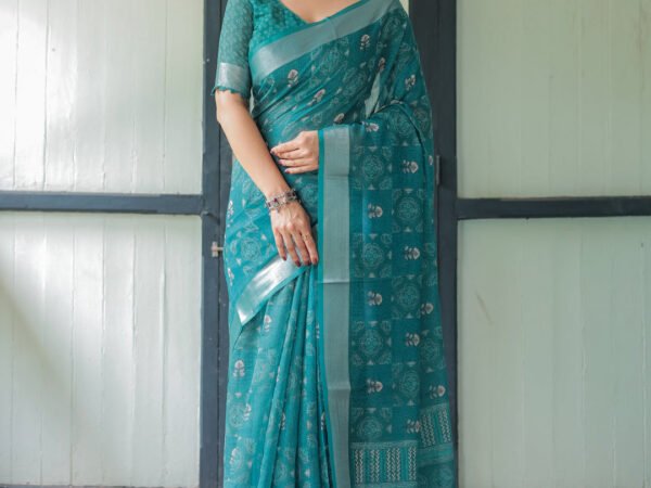 Teal Green Pure Cotton Linen Saree with Silver Floral Motifs and Tassels | Crown Fashion