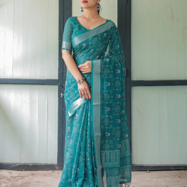 Teal Green Pure Cotton Linen Saree with Silver Floral Motifs and Tassels | Crown Fashion