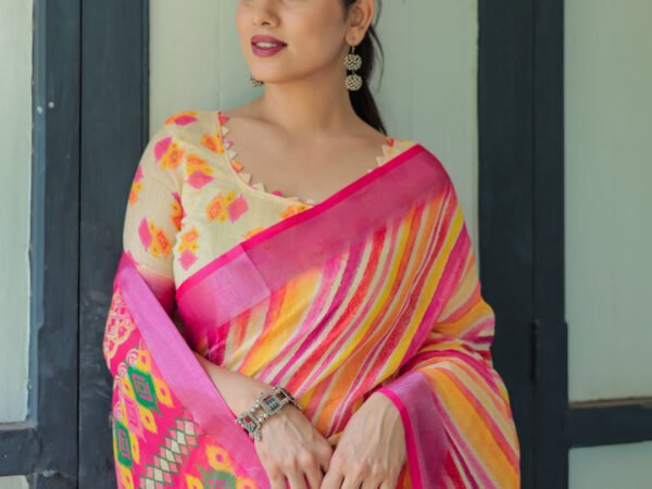 Vibrant Yellow and Pink Ikat Printed Cotton Linen Saree with Blouse and Tassels | Crown Fashion