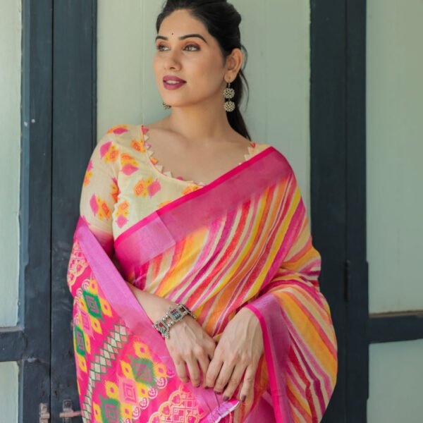 Vibrant Yellow and Pink Ikat Printed Cotton Linen Saree with Blouse and Tassels | Crown Fashion