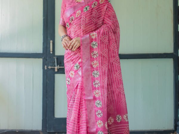 Fuchsia Pink Handcrafted Cotton Linen Saree with Geometric Print and Tassels | Crown Fashion