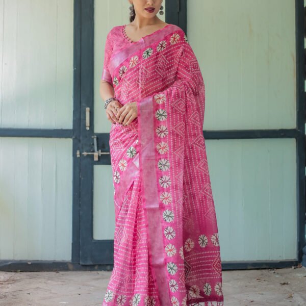 Fuchsia Pink Handcrafted Cotton Linen Saree with Geometric Print and Tassels | Crown Fashion