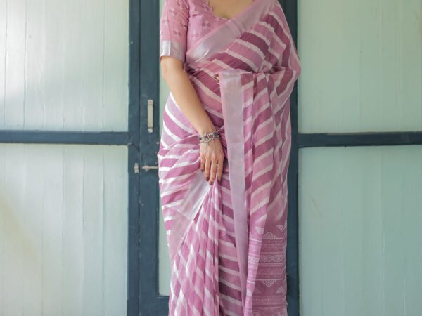 Purple Chevron Print Pure Cotton Linen Saree with Blouse and Tassels | Crown Fashion
