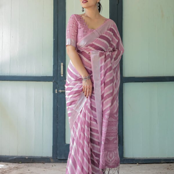 Purple Chevron Print Pure Cotton Linen Saree with Blouse and Tassels | Crown Fashion