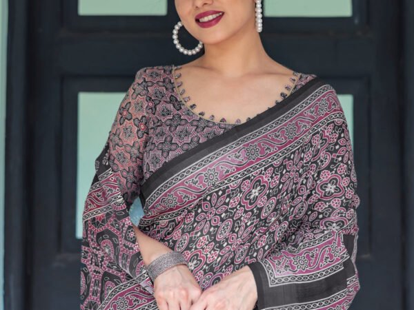 Black Pure Cotton Linen Saree with Pink Striped Pallu and Tassel Accents | Crown Fashion