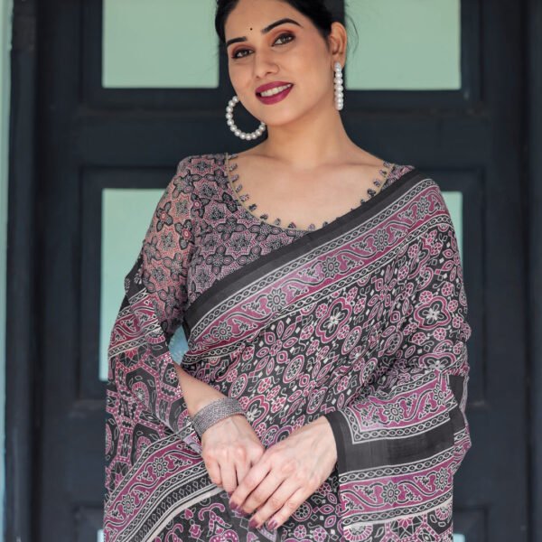 Black Pure Cotton Linen Saree with Pink Striped Pallu and Tassel Accents | Crown Fashion