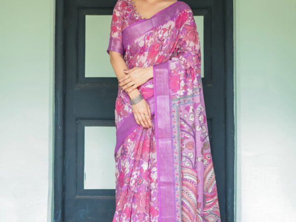 Purple and Pink Floral Printed Pure Cotton Linen Saree with Blouse and Tassels | Crown Fashion