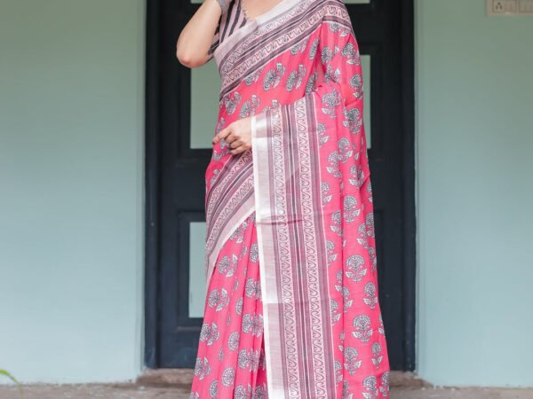 Pink and Beige Floral Printed Pure Cotton Linen Saree with Striped Blouse and Tassels on Edges | Crown Fashion