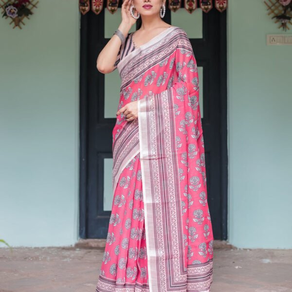 Pink and Beige Floral Printed Pure Cotton Linen Saree with Striped Blouse and Tassels on Edges | Crown Fashion