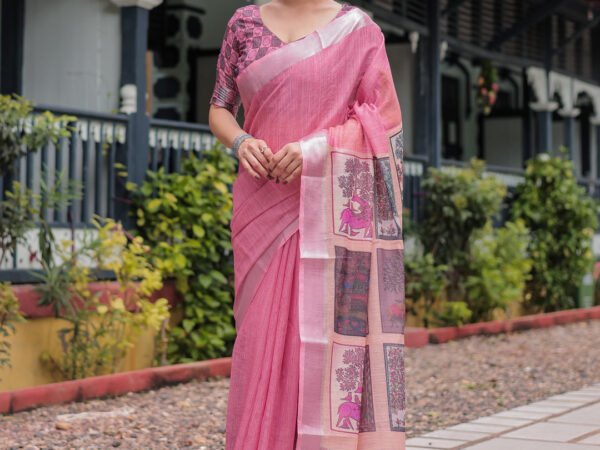 Pink Pure Cotton Linen Saree with Floral and Nature Print, Silver Border & Tassels | Crown Fashion