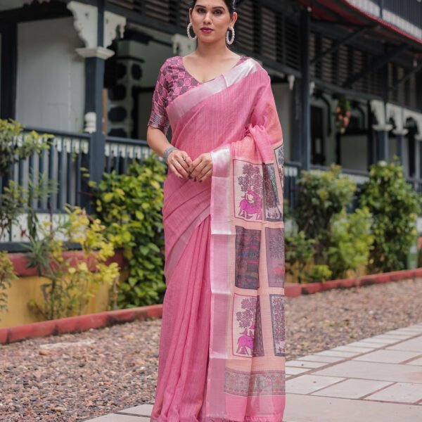Pink Pure Cotton Linen Saree with Floral and Nature Print, Silver Border & Tassels | Crown Fashion