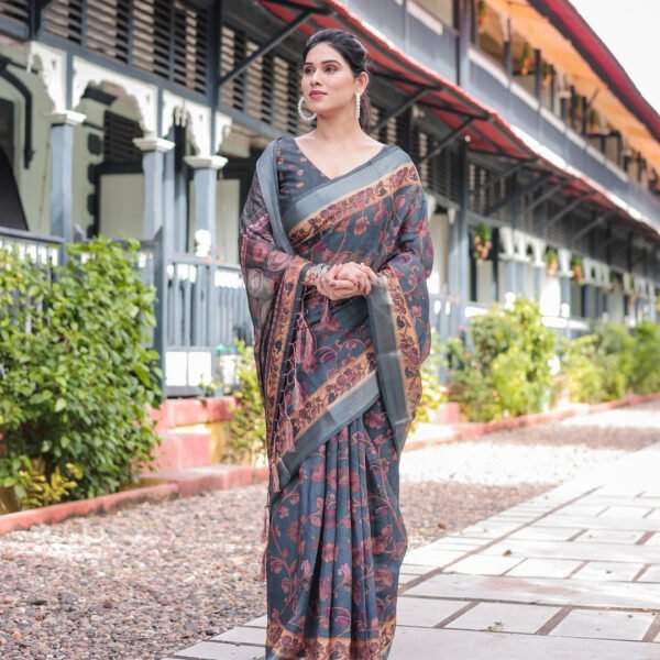 Charcoal Gray Floral Design Pure Cotton Linen Saree with Blouse and Tassels | crown fashion