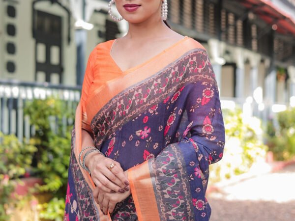 Indigo Blue Floral Print Pure Cotton Linen Saree with Orange Border and Tassels | Crown Fashion
