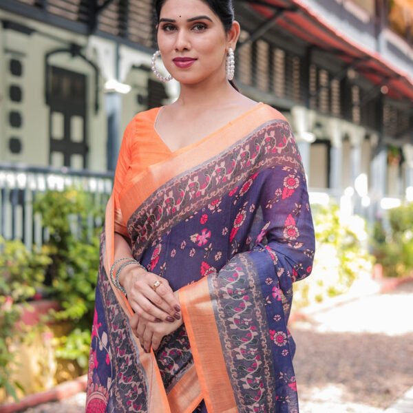Indigo Blue Floral Print Pure Cotton Linen Saree with Orange Border and Tassels | Crown Fashion