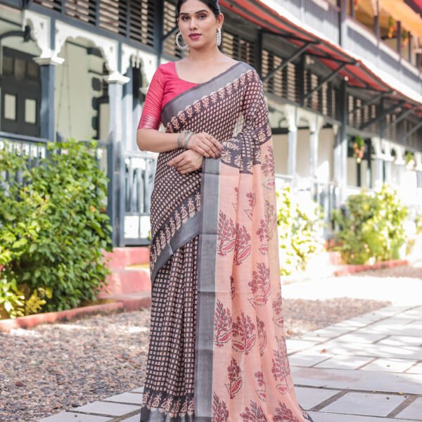 Peach and Black Floral and Geometric Design Pure Cotton Linen Saree with Blouse and Tassels | Crown Fashion