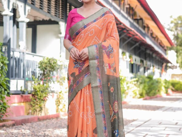 Orange and Olive Green Kalamkari Design Pure Cotton Linen Saree with Blouse and Tassels | crown fashion