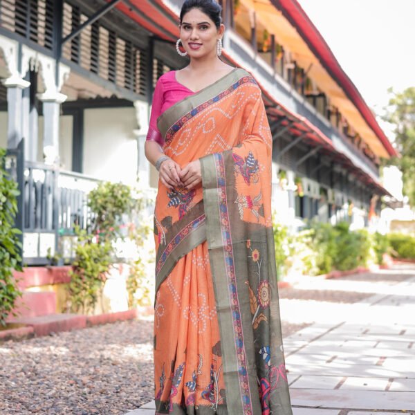 Orange and Olive Green Kalamkari Design Pure Cotton Linen Saree with Blouse and Tassels | crown fashion