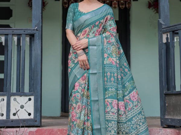 Teal Green Floral Printed Pure Cotton Linen Saree with Blouse and Tassels on Edges | Crown Fashion