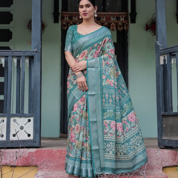Teal Green Floral Printed Pure Cotton Linen Saree with Blouse and Tassels on Edges | Crown Fashion