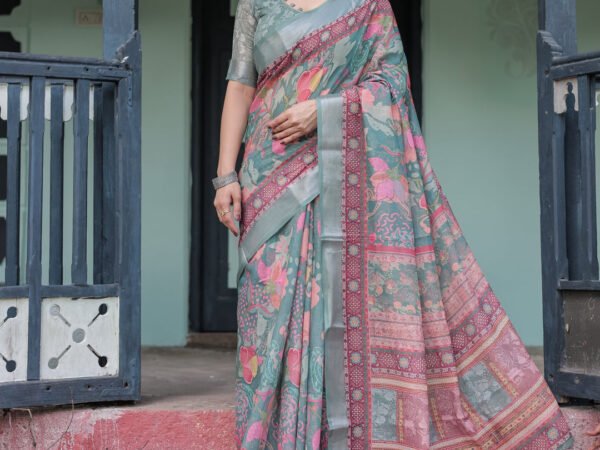 Pink and Maroon Pure Cotton Linen Saree with Blouse and Tassels - Floral Design with Leaf Patterns | Crown Fashion