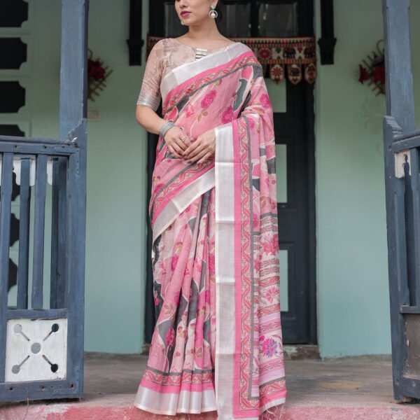 Elegant Pink and White Pure Cotton Linen Saree with Floral and Foliage Prints, Contrast Border, and Tassels | crown fashion