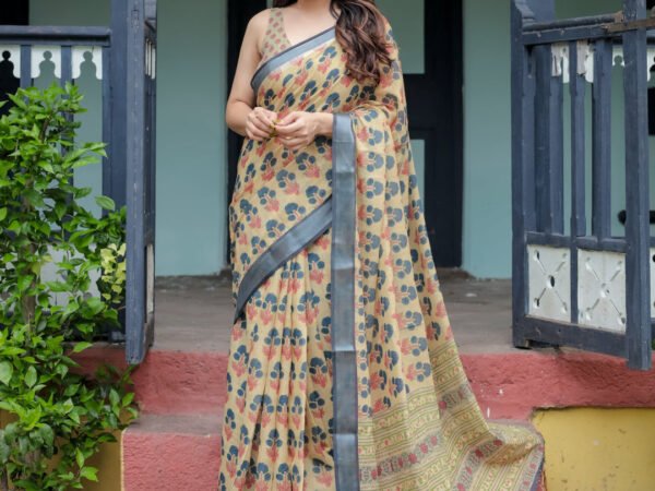 Beige and Charcoal Pure Cotton Linen Saree with Floral Print, Blouse, and Tassel Detailing | Crown Fashion