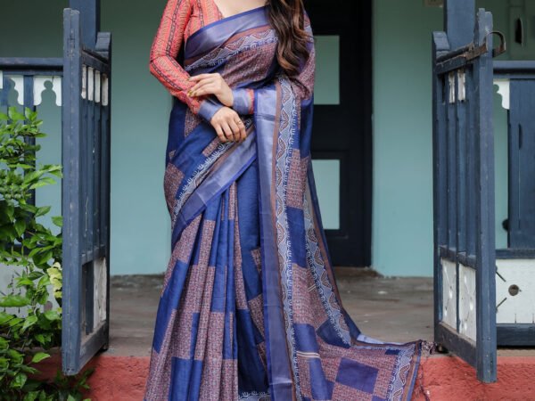 Navy Blue & Red Pure Cotton Linen Saree with Blouse and Tassels on Edges | Crown Fashion