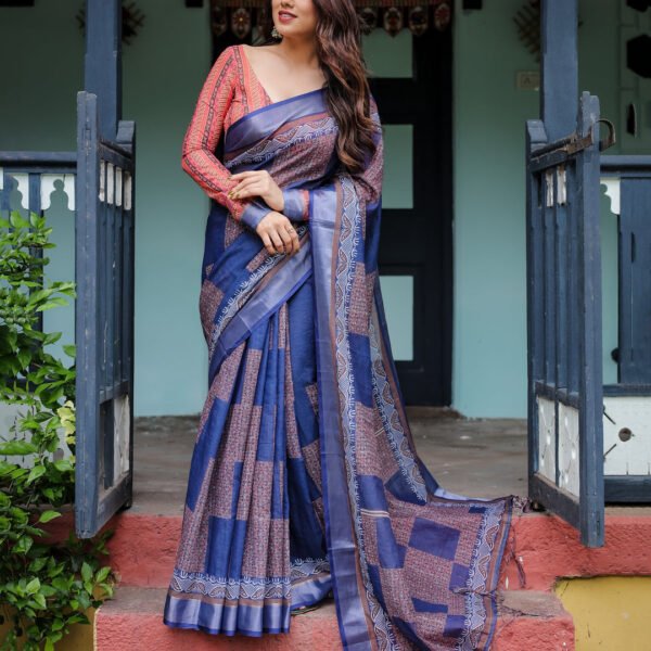Navy Blue & Red Pure Cotton Linen Saree with Blouse and Tassels on Edges | Crown Fashion