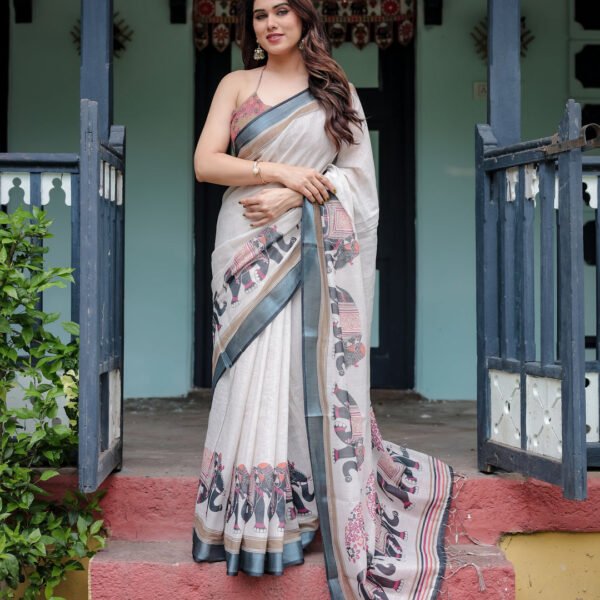 Ivory Pure Cotton Linen Saree with Elephant Motif and Tassel Detailing | Crown Fashion