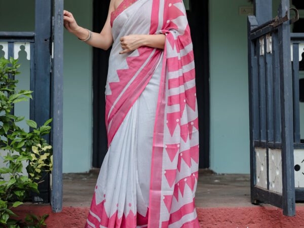 White and Pink Pure Cotton Linen Saree with Geometric Stripes, Blouse, and Tassel Detailing | Crown Fashion