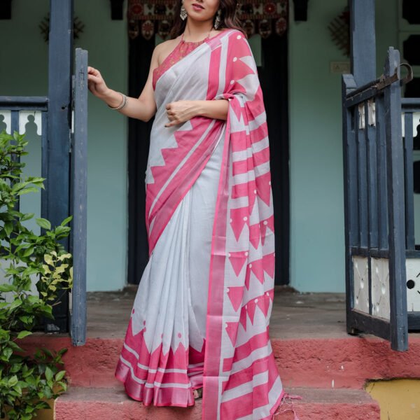 White and Pink Pure Cotton Linen Saree with Geometric Stripes, Blouse, and Tassel Detailing | Crown Fashion