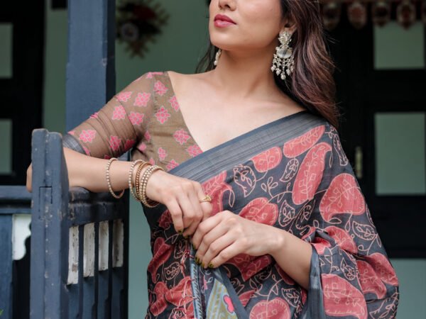 Charcoal Black Pure Cotton Linen Saree with Leafy Paisley Print, Blouse, and Tassel Detailing | Crown Fashion