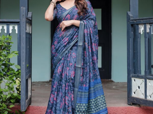 Navy Blue Pure Cotton Linen Saree with Floral Print, Blouse, and Tassel Detailing | Crown Fashion