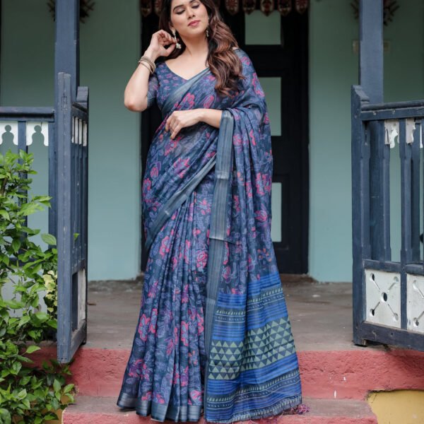 Navy Blue Pure Cotton Linen Saree with Floral Print, Blouse, and Tassel Detailing | Crown Fashion