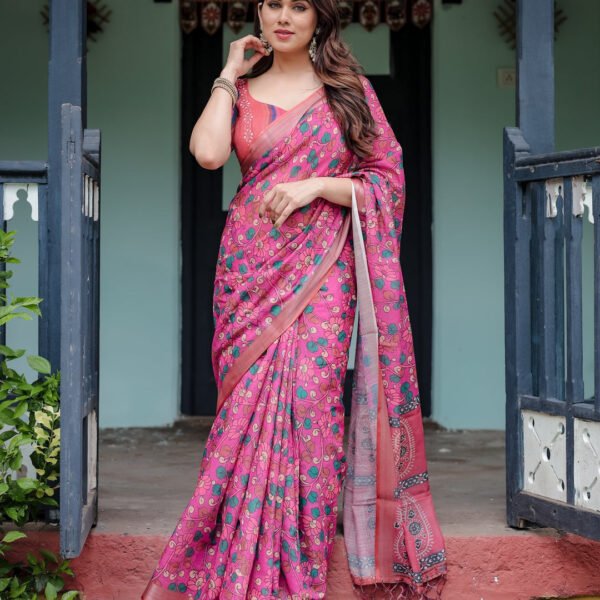 Magenta and Pink Pure Cotton Linen Saree with Floral and Paisley Block Print, Blouse, and Tassel Detailing | Crown Fashion