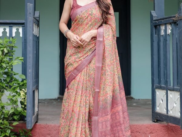 Beige and Rust Pure Cotton Linen Saree with Tribal Block Print, Blouse, and Tassel Detailing | Crown Fashion