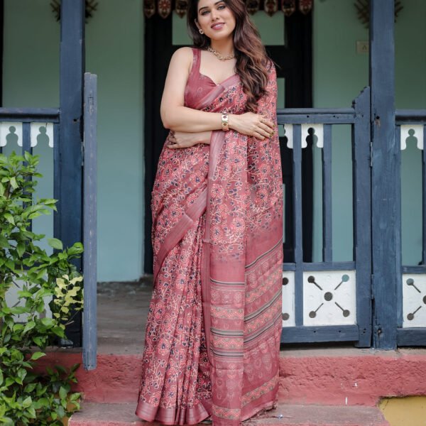 Rust Red Pure Cotton Linen Saree with Floral Block Print, Blouse, and Tassel Detailing | Crown Fashion