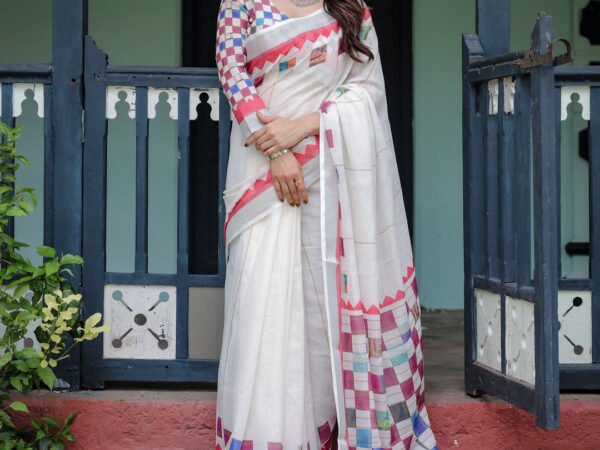 White Pure Cotton Linen Saree with Multicolor Checkered Design, Blouse, and Tassel Detailing | Crown Fashion