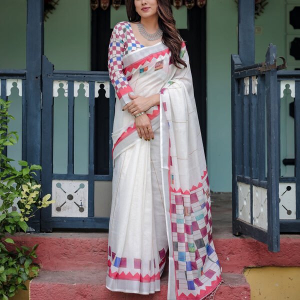 White Pure Cotton Linen Saree with Multicolor Checkered Design, Blouse, and Tassel Detailing | Crown Fashion
